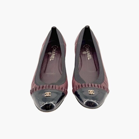 Chanel CC Ruffle Cap Toe Ballet Flats EU 37 US 6-6.5 Brown Burgundy Leather - Picture 2 of 15